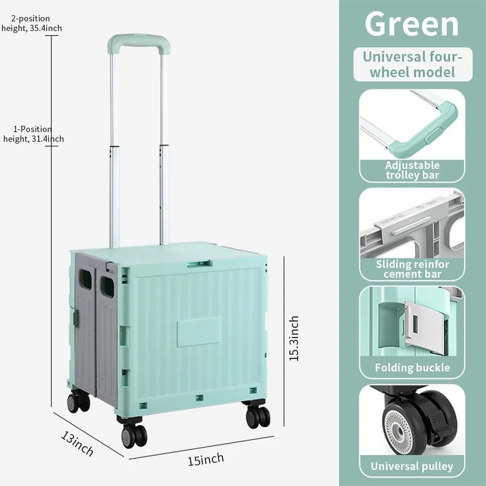 Foldable Utility Cart Collapsible Rolling Carts with Lid Portable Rolling Crate Handcart Shopping Trolley with Telescopic Handle 4 Wheels for Picnic Camping Moving Luggage Use