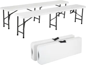 Folding Bench, Foldable Bench with Lockable Steel Legs, Plastic Bench with Carrying Handle, Folding Benches 6 Foot 2 Pack for Picnic Camping Dining Party, Folding Bench 6 FT Long, 2 Piece, White