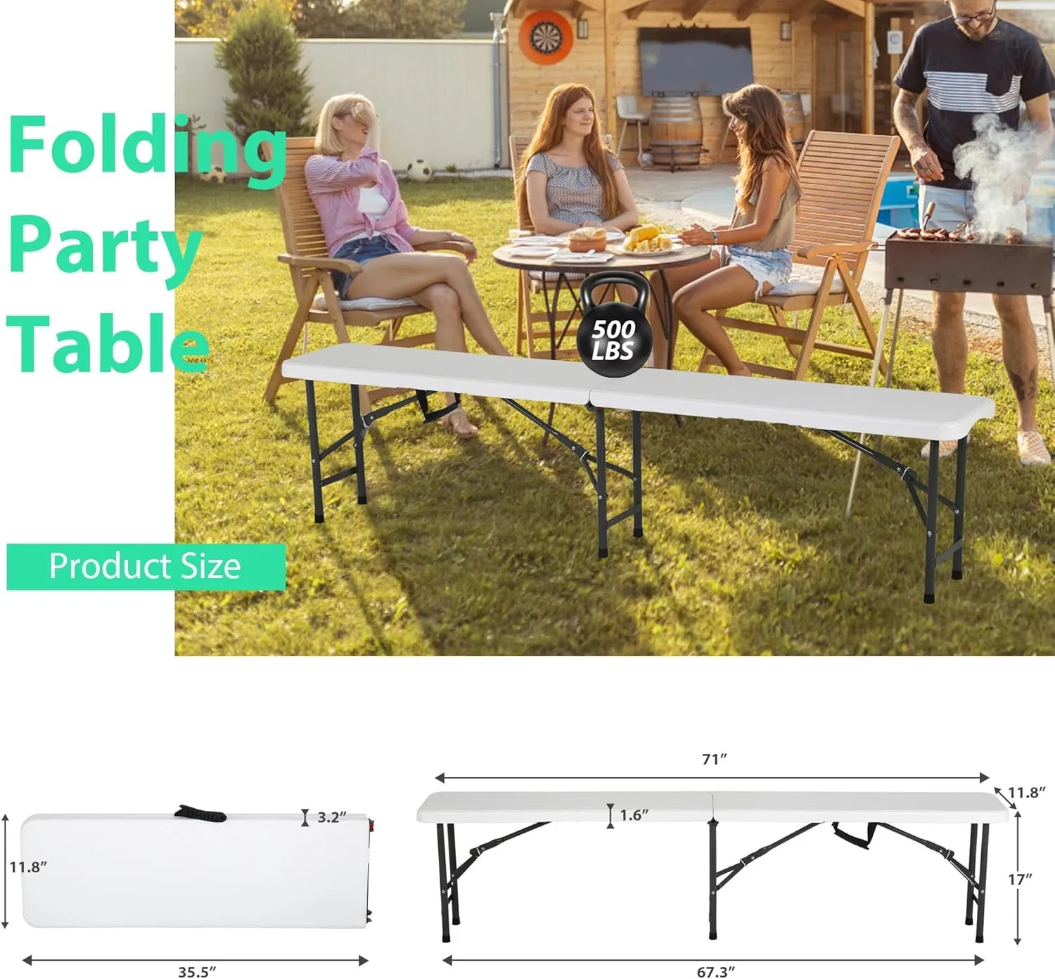 Folding Bench, Foldable Bench with Lockable Steel Legs, Plastic Bench with Carrying Handle, Folding Benches 6 Foot 2 Pack for Picnic Camping Dining Party, Folding Bench 6 FT Long, 2 Piece, White