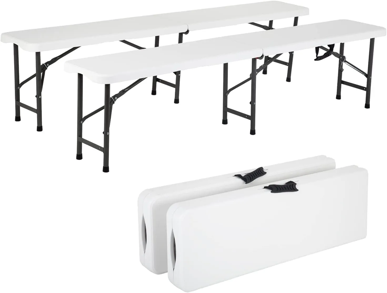 Folding Bench, Foldable Bench with Lockable Steel Legs, Plastic Bench with Carrying Handle, Folding Benches 6 Foot 2 Pack for Picnic Camping Dining Party, Folding Bench 6 FT Long, 2 Piece, White