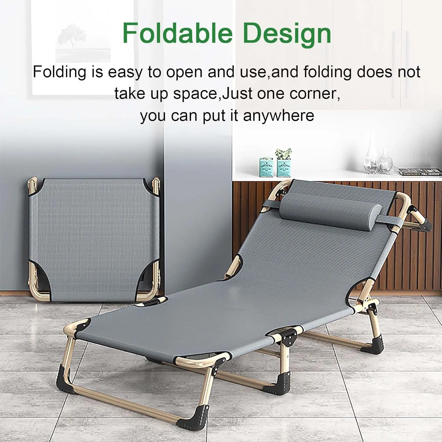 Folding Camping Cot for Adluts, Portable Lightweight Camping Bed with Pillow,4-Position Adjustable Backrest with Strong Steel Frame,Indoor Outdoor Recliner Chair for Home,Offic