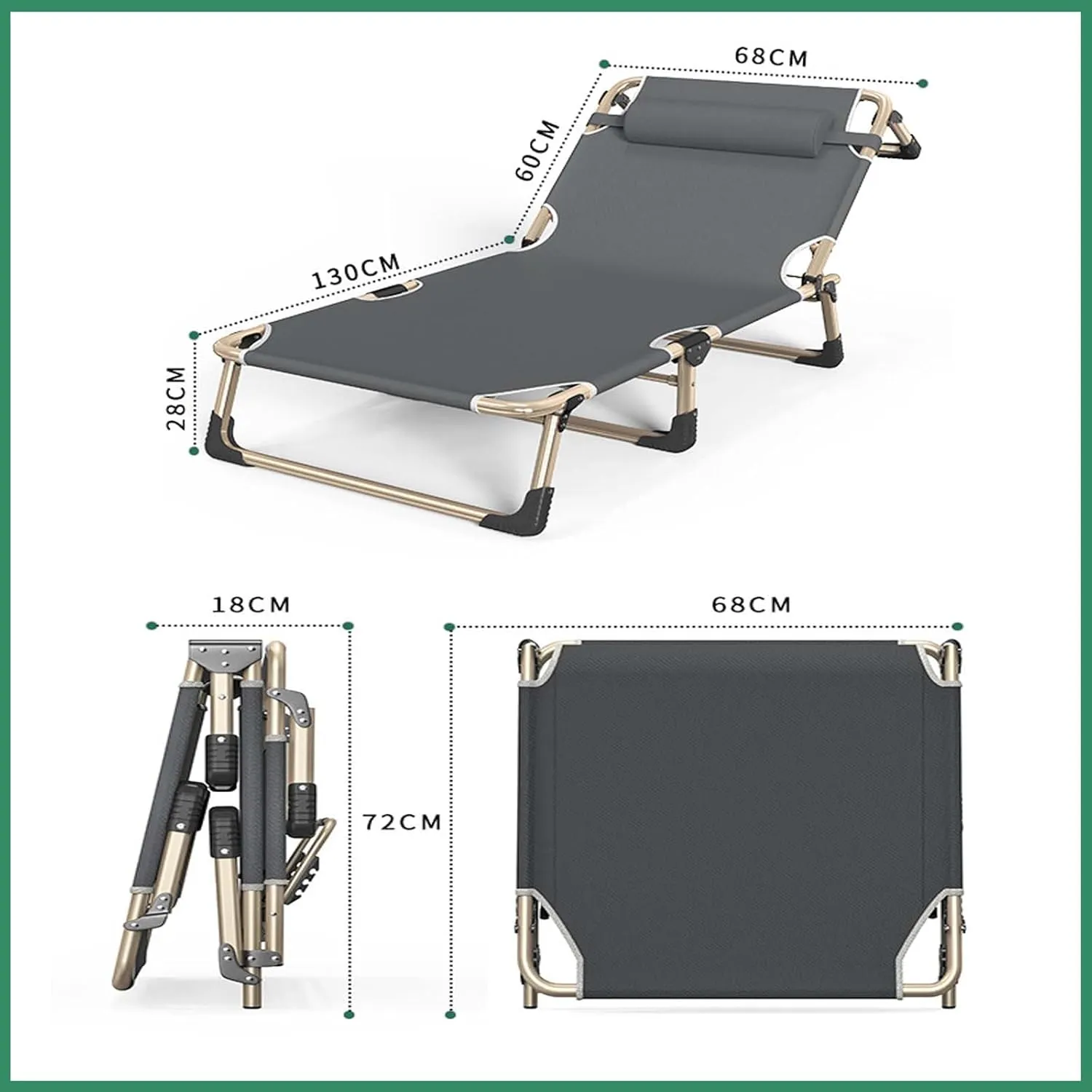 Folding Camping Cot for Adluts, Portable Lightweight Camping Bed with Pillow,4-Position Adjustable Backrest with Strong Steel Frame,Indoor Outdoor Recliner Chair for Home,Offic