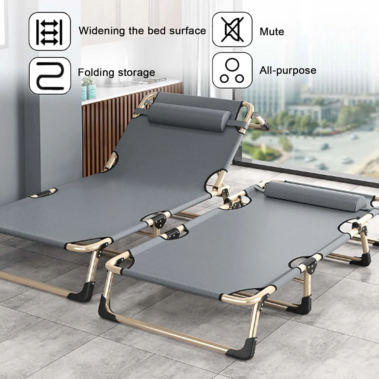 Folding Camping Cot for Adluts, Portable Lightweight Camping Bed with Pillow,4-Position Adjustable Backrest with Strong Steel Frame,Indoor Outdoor Recliner Chair for Home,Offic