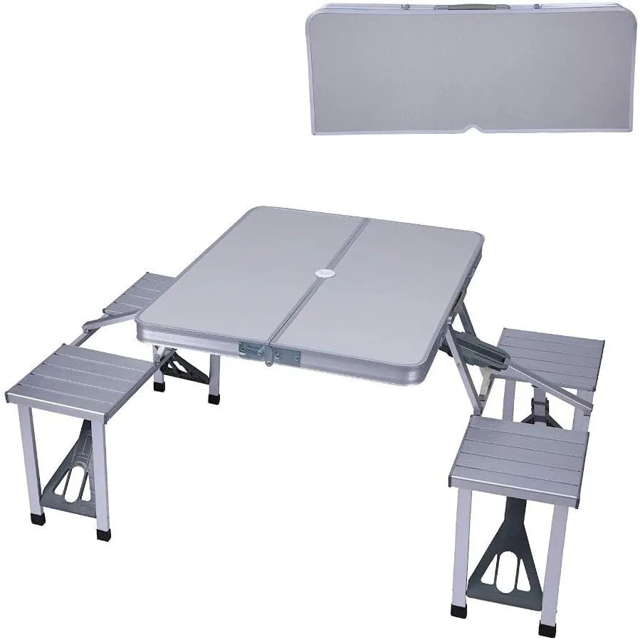 Folding Camping Table Chair Set - Silver, Aluminum Suitcase Portable Camping Picnic Table with 4 Seats, Umbrella Hole for Party, BBQ, Beach