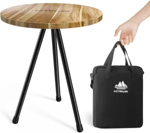 Folding Camping Wood Table, Small Portable Adjustable Camp Table with Storage Bag, Fold Up, Lightweight, Round, Original Teak, Foldable Table, Great for Outdoor Picnics, Beach, Camping