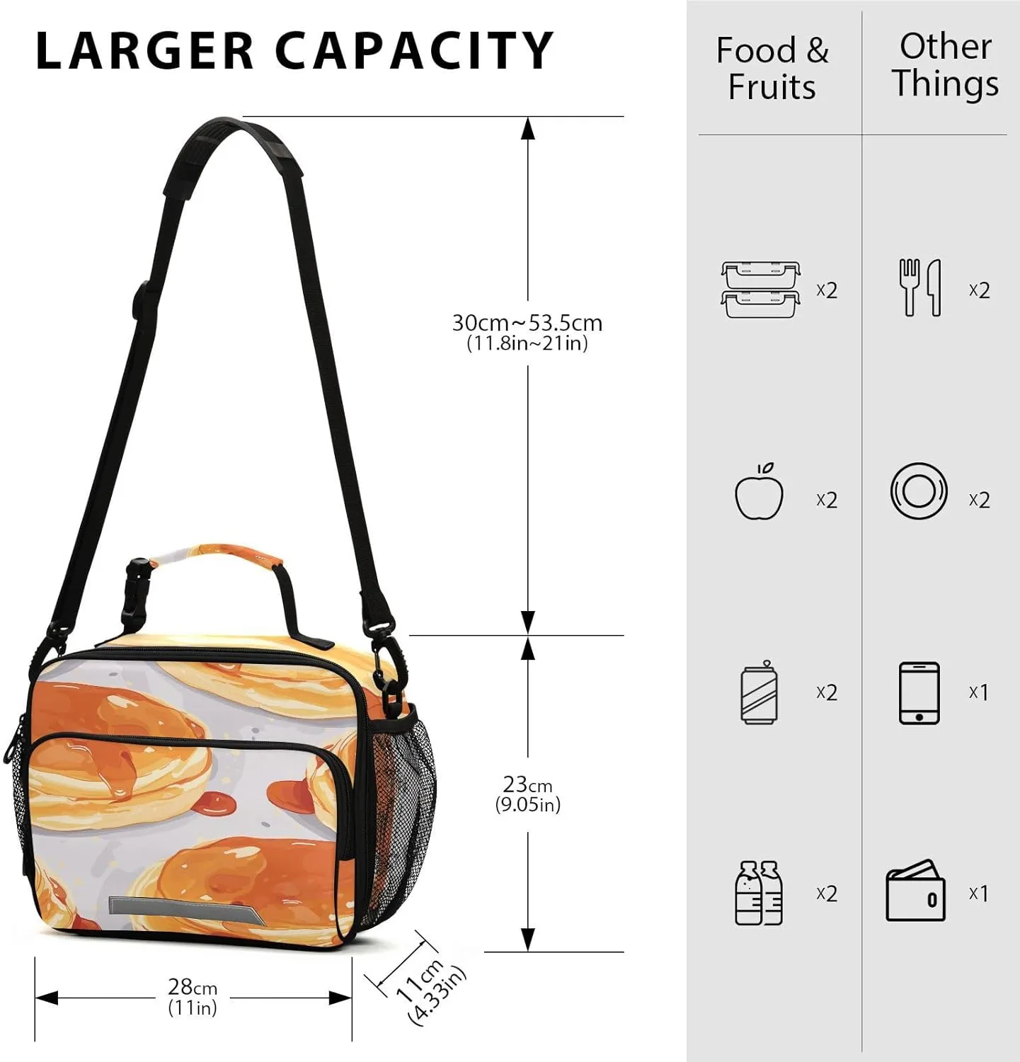 Food Pancake with Syrup Lunch Bag for Women Men Insulated Cooler Tote Bag with Adjustable Shoulder Strap Large Capacity Picnic Lunch Box Outdoor for Adult Office