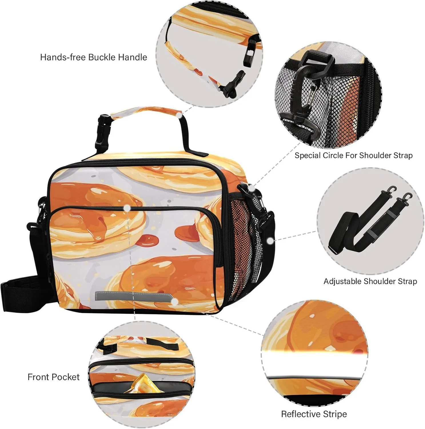 Food Pancake with Syrup Lunch Bag for Women Men Insulated Cooler Tote Bag with Adjustable Shoulder Strap Large Capacity Picnic Lunch Box Outdoor for Adult Office