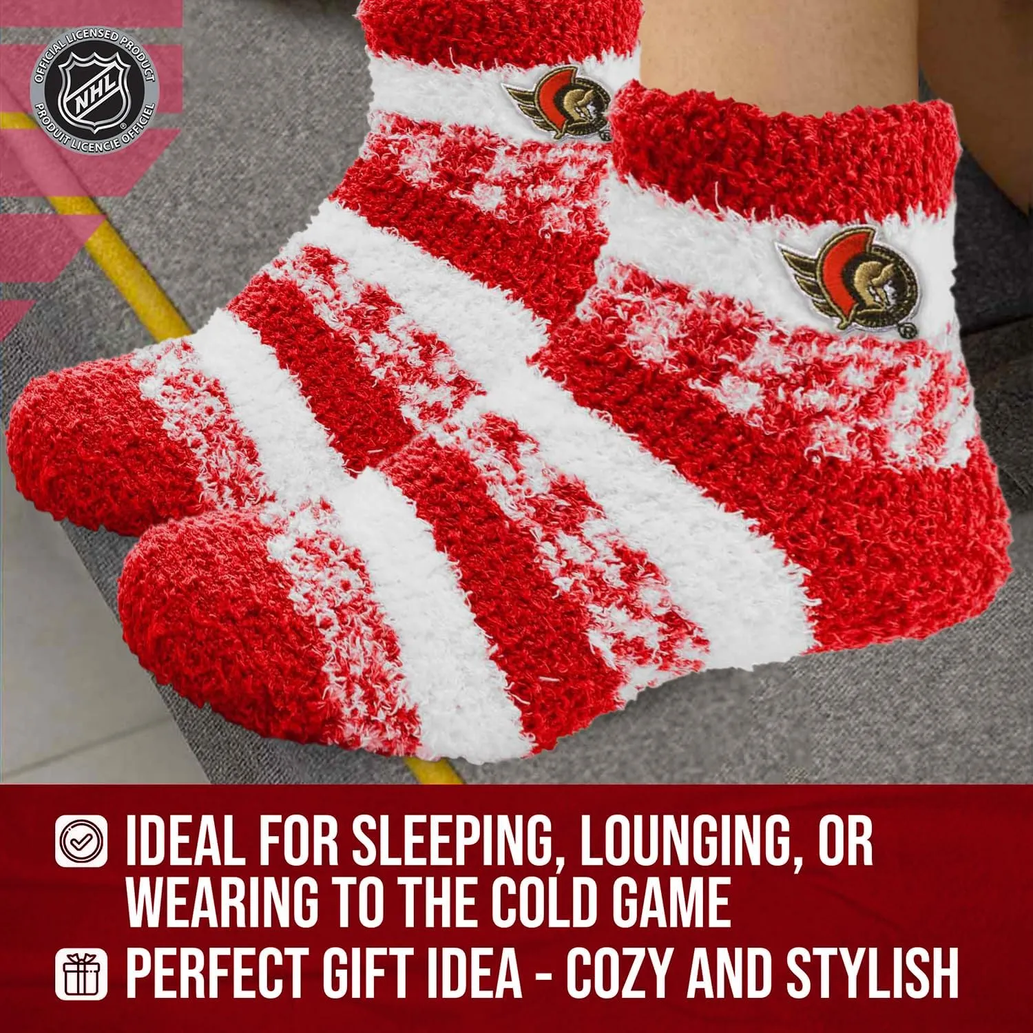 For Bare Feet NHL Unisex Cozy Sleep Socks, Fuzzy Ankle Length Plush and Soft, Women Men, One Size Fits Most