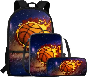 FOR U DESIGNS Basketball Backpack for Boys 6-8 with Lunchbox Cool Bookbag Set for School 3 Piece Kindergarten Elementary Book Bags for Kids 6th Grade School Supplies
