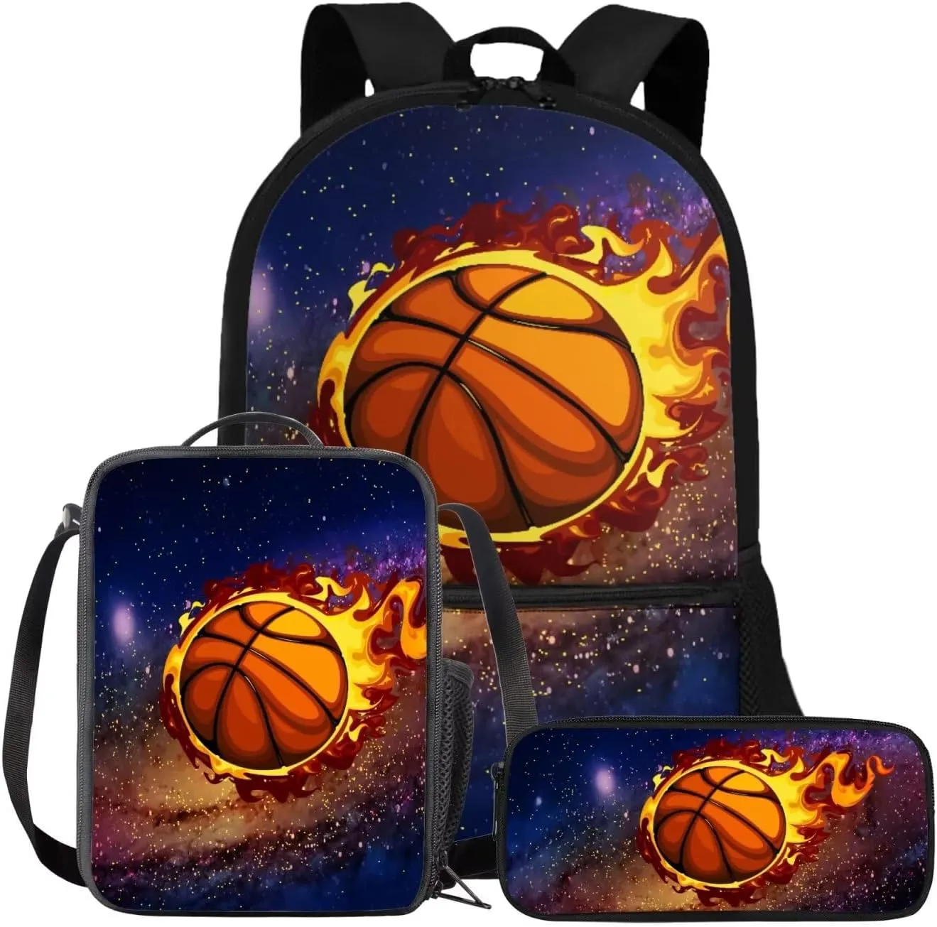 FOR U DESIGNS Basketball Backpack for Boys 6-8 with Lunchbox Cool Bookbag Set for School 3 Piece Kindergarten Elementary Book Bags for Kids 6th Grade School Supplies