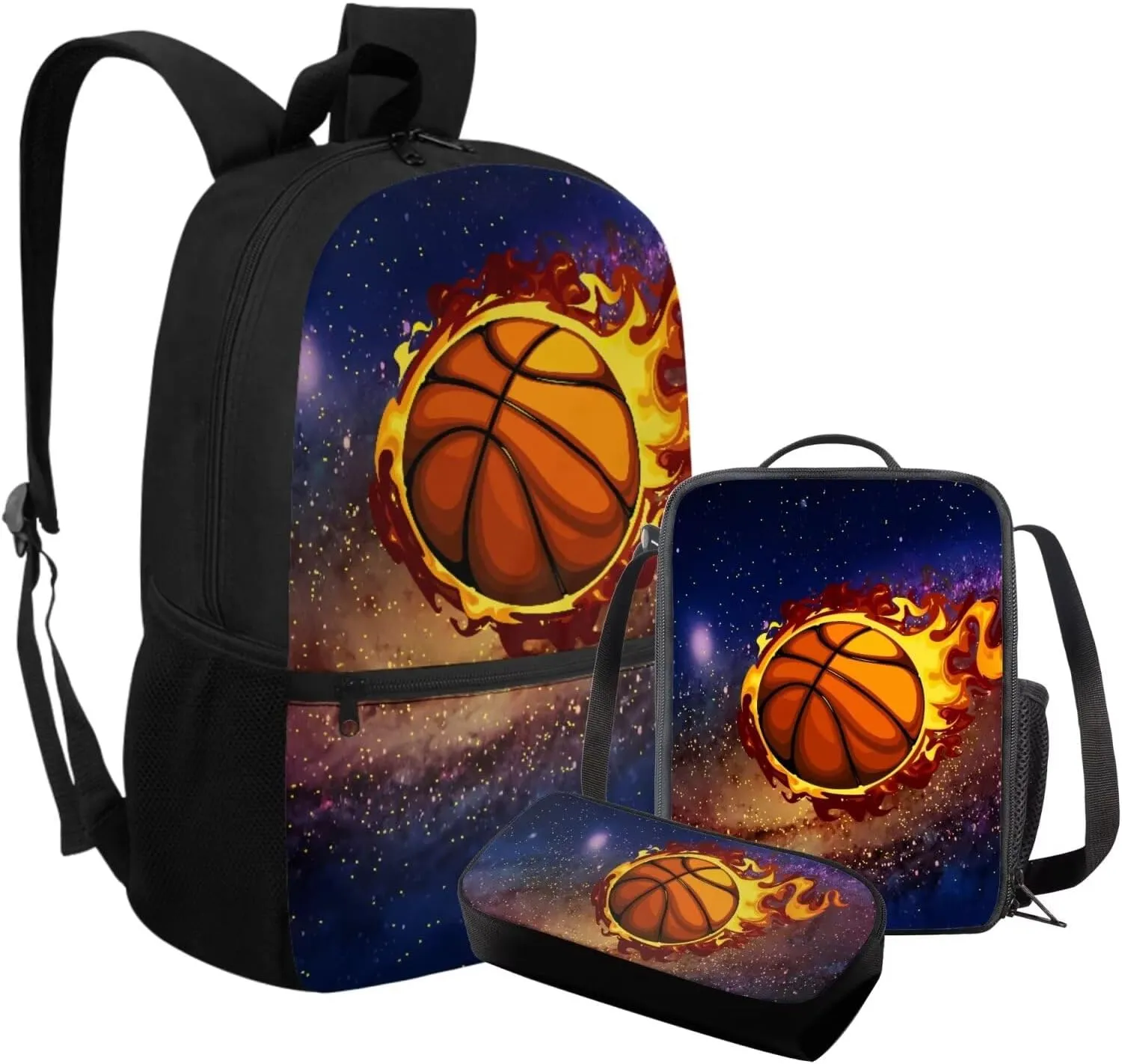 FOR U DESIGNS Basketball Backpack for Boys 6-8 with Lunchbox Cool Bookbag Set for School 3 Piece Kindergarten Elementary Book Bags for Kids 6th Grade School Supplies