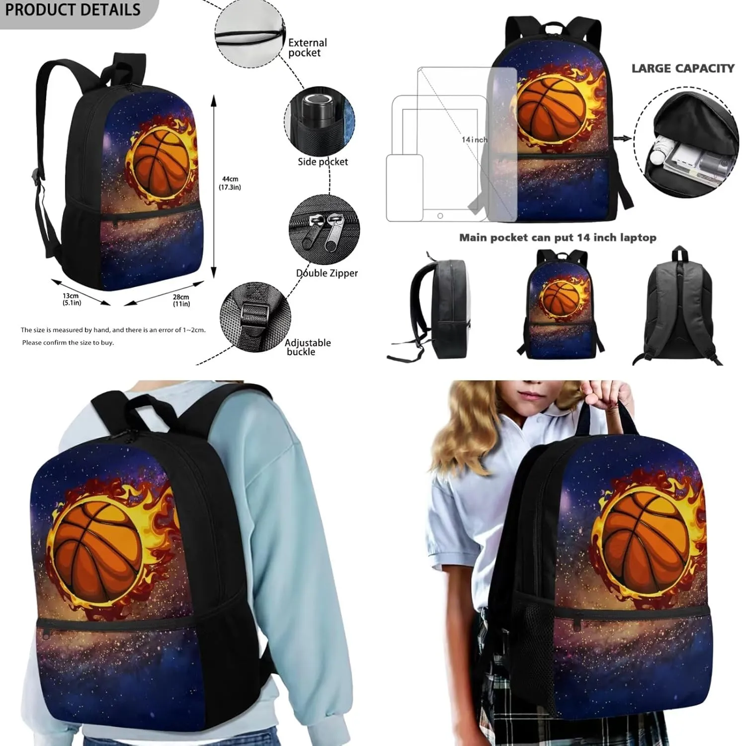 FOR U DESIGNS Basketball Backpack for Boys 6-8 with Lunchbox Cool Bookbag Set for School 3 Piece Kindergarten Elementary Book Bags for Kids 6th Grade School Supplies