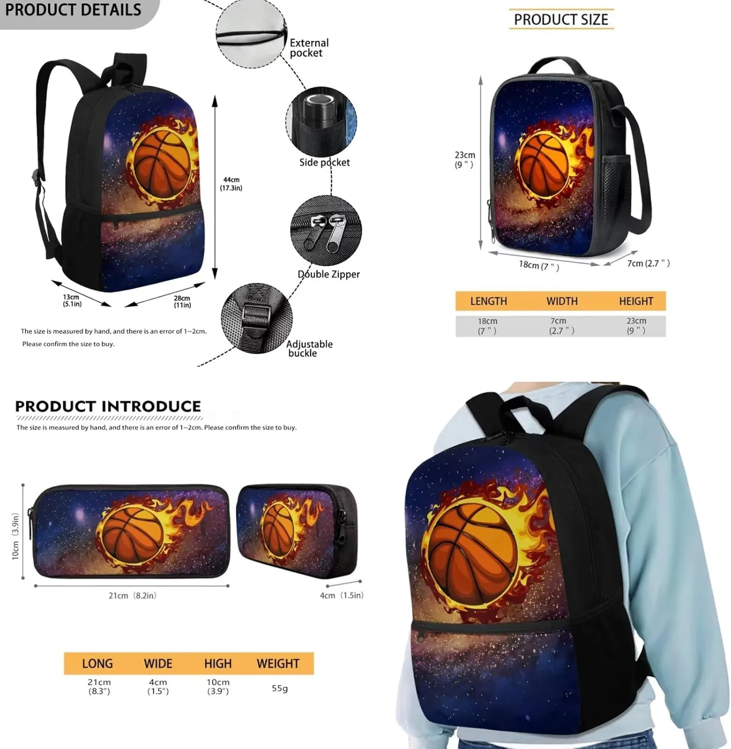 FOR U DESIGNS Basketball Backpack for Boys 6-8 with Lunchbox Cool Bookbag Set for School 3 Piece Kindergarten Elementary Book Bags for Kids 6th Grade School Supplies