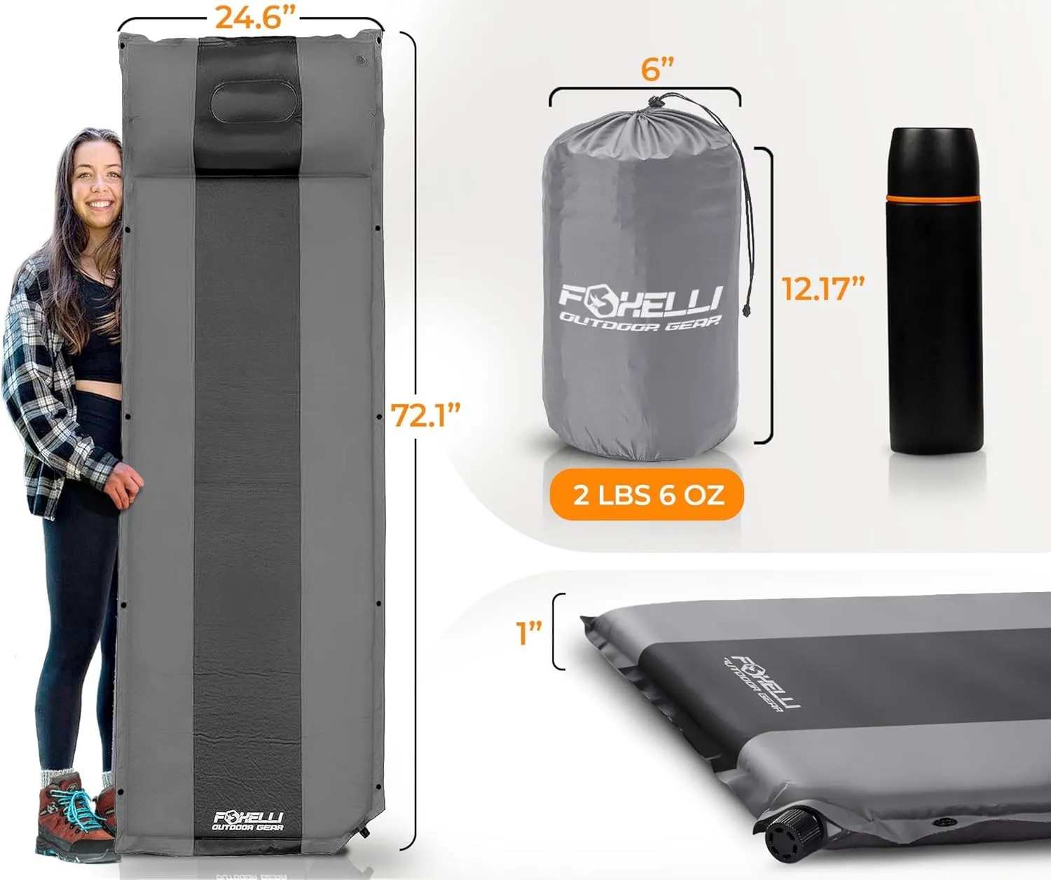 Foxelli Self Inflating Sleeping Pad for Camping, Backpacking, Hiking, Insulated Foam Lightweight Camping Mat, Inflatable Camp Mattress with Pillow