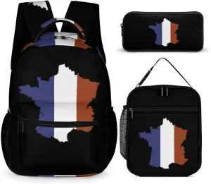 French Map Flag Funny Backpack Set Lunch Bag Pencil Case Bag 3 in 1 for Men Women Travel Backpacks