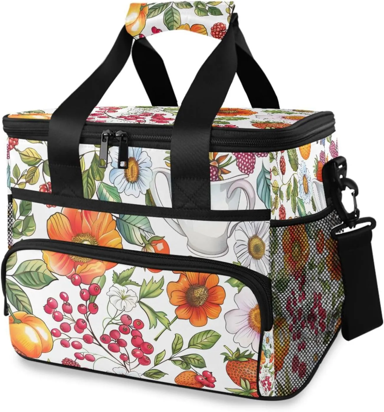 Fresh Flowers White Cooler Bag Insulated Cooler Soft Sided Cooler 24 Can Portable Picnic Bag Large Leakproof Lunch Bag Box for Beach Grocery Camping Travel Car Men Women