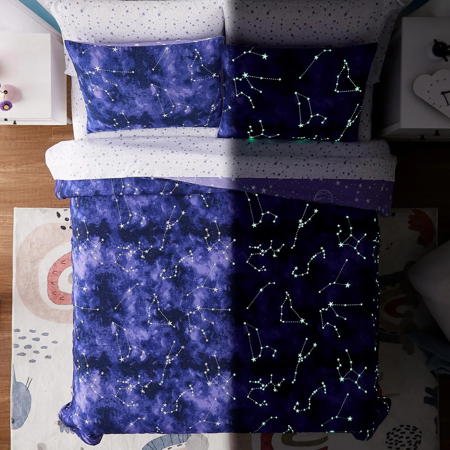 Full Size Comforter Set for Boys-7 Pieces Galaxy Glow in The Dark Full Bedding Sets for Kids, Ultra Soft Bed in A Bag with Sheets