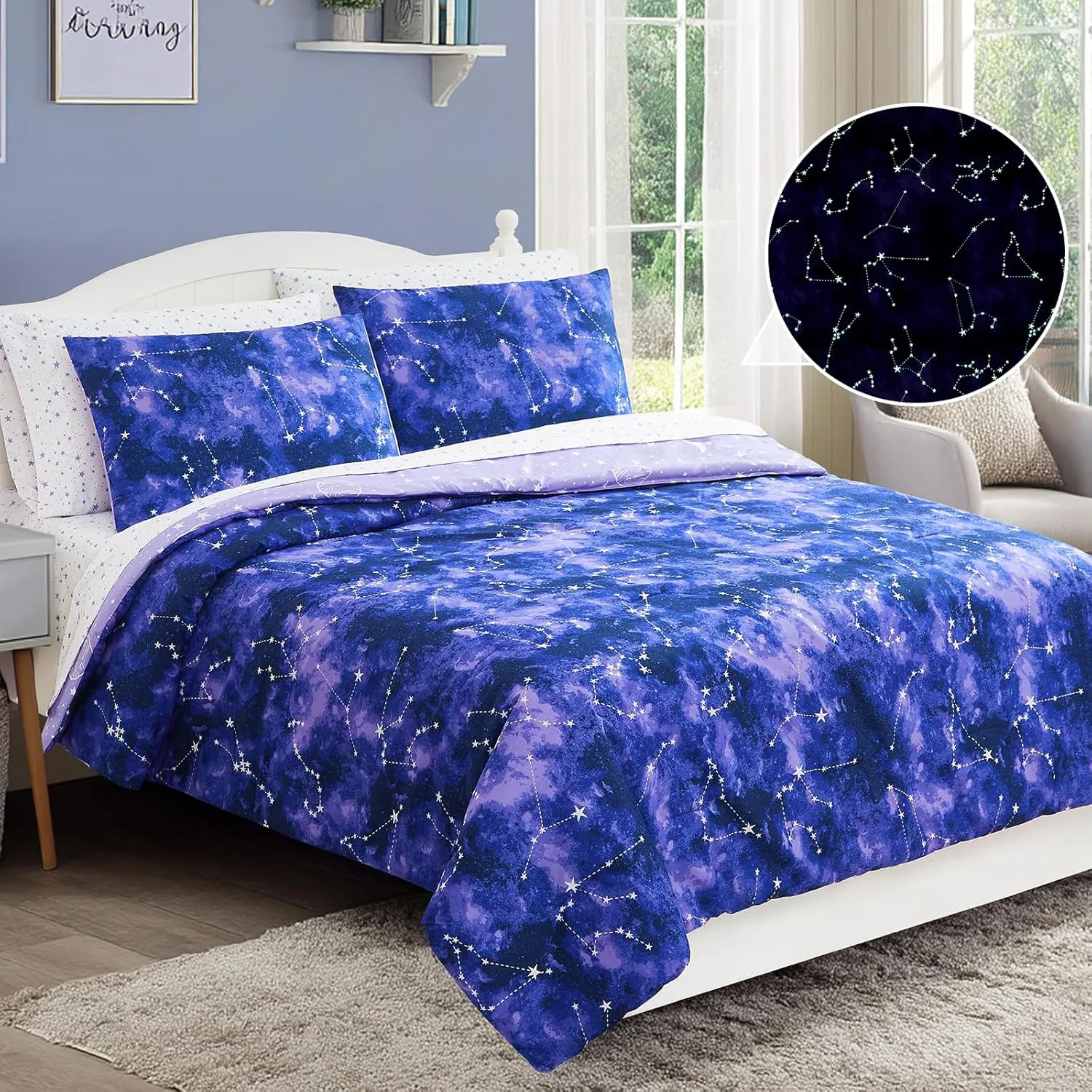 Full Size Comforter Set for Boys-7 Pieces Galaxy Glow in The Dark Full Bedding Sets for Kids, Ultra Soft Bed in A Bag with Sheets