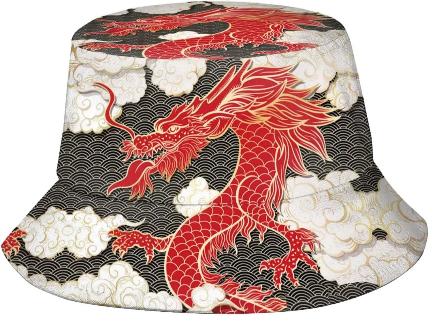 Funny Chinese Dragon Bucket Hat Sun Protection Wide Brim Hat Packable Summer Travel Dragon Fisherman Cap for Women Men