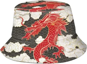 Funny Chinese Dragon Bucket Hat Sun Protection Wide Brim Hat Packable Summer Travel Dragon Fisherman Cap for Women Men