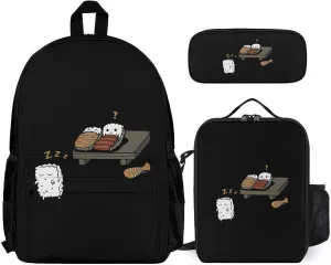 Funny Sleepwalking Sushi 3Pcs Backpack Pencil Case and Lightweight Lunch Bag Set for Work Travel Leisure Day Trip Gift