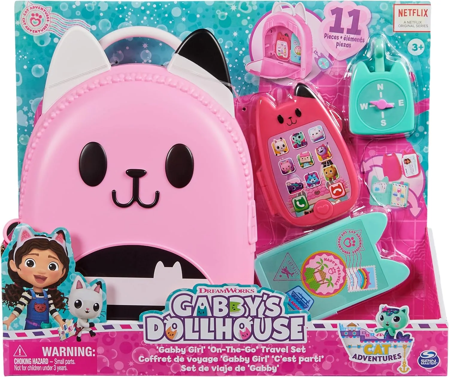 Gabby's Dollhouse, Gabby Girl On-The-Go Travel Set, Pretend Play Travel Toys, Toy Passport, Toy Phone and Compass Charm, Kids Toys for Girls & Boys 3 