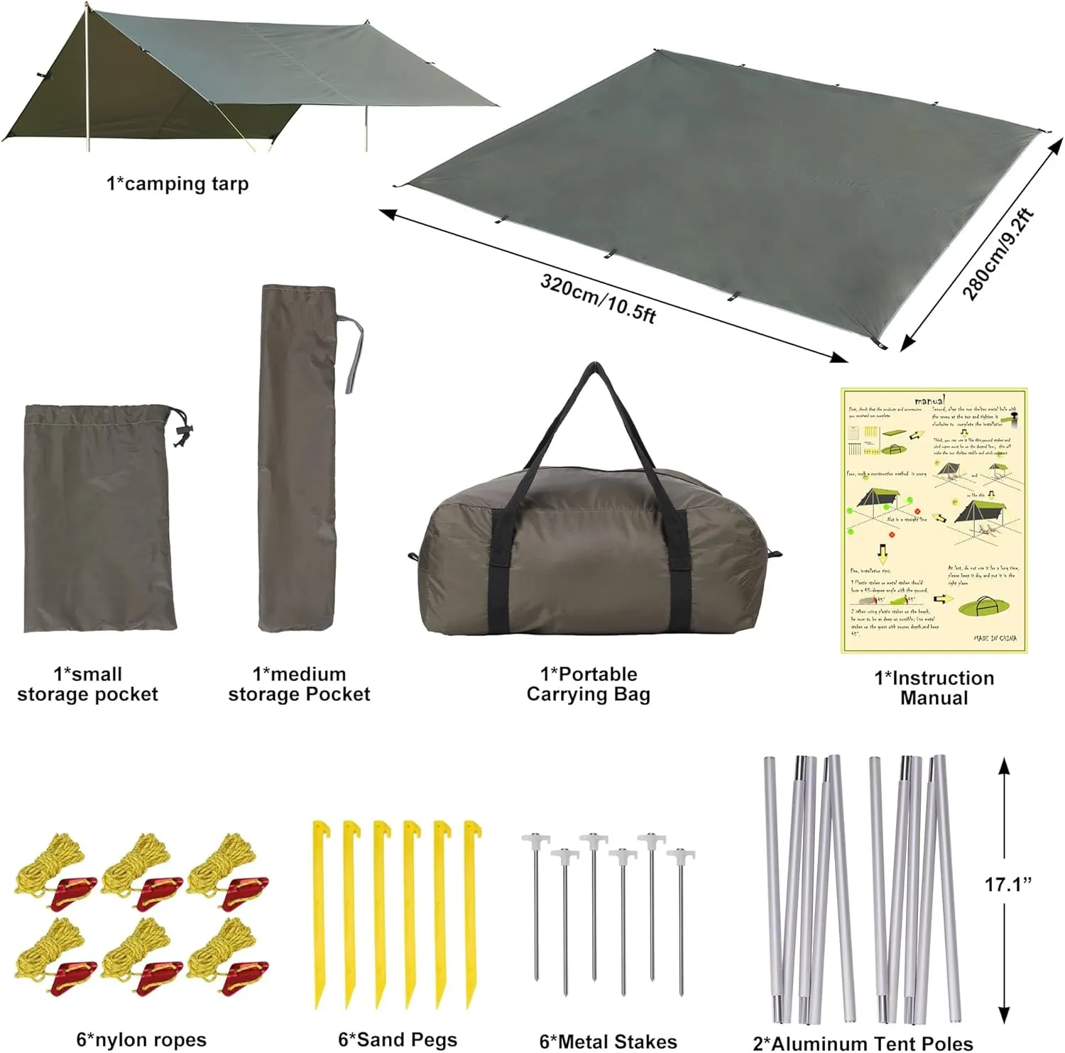 Gaomon Camping Tarp, 13X9FT Hammock Rain Fly Camping Tarp Waterproof with 2 Aluminum Poles, Lightweight Backpack Tent tarp for Traveling, Green