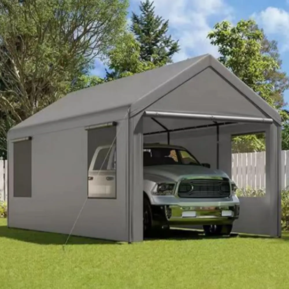 GarveeLife Carport 10x20ft Heavy Duty Carport with Roll-up Windows, Car Canopy Portable Garage with Removable Sidewalls & Doors, Car Canopy with All-Season Tarp for Car Boat Truck Motorcycle, Grey