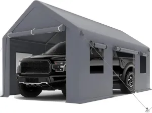 GarveeLife Carport 10x20ft Heavy Duty Carport with Roll-up Windows, Car Canopy Portable Garage with Removable Sidewalls & Doors, Car Canopy with All-Season Tarp for Car Boat Truck Motorcycle, Grey