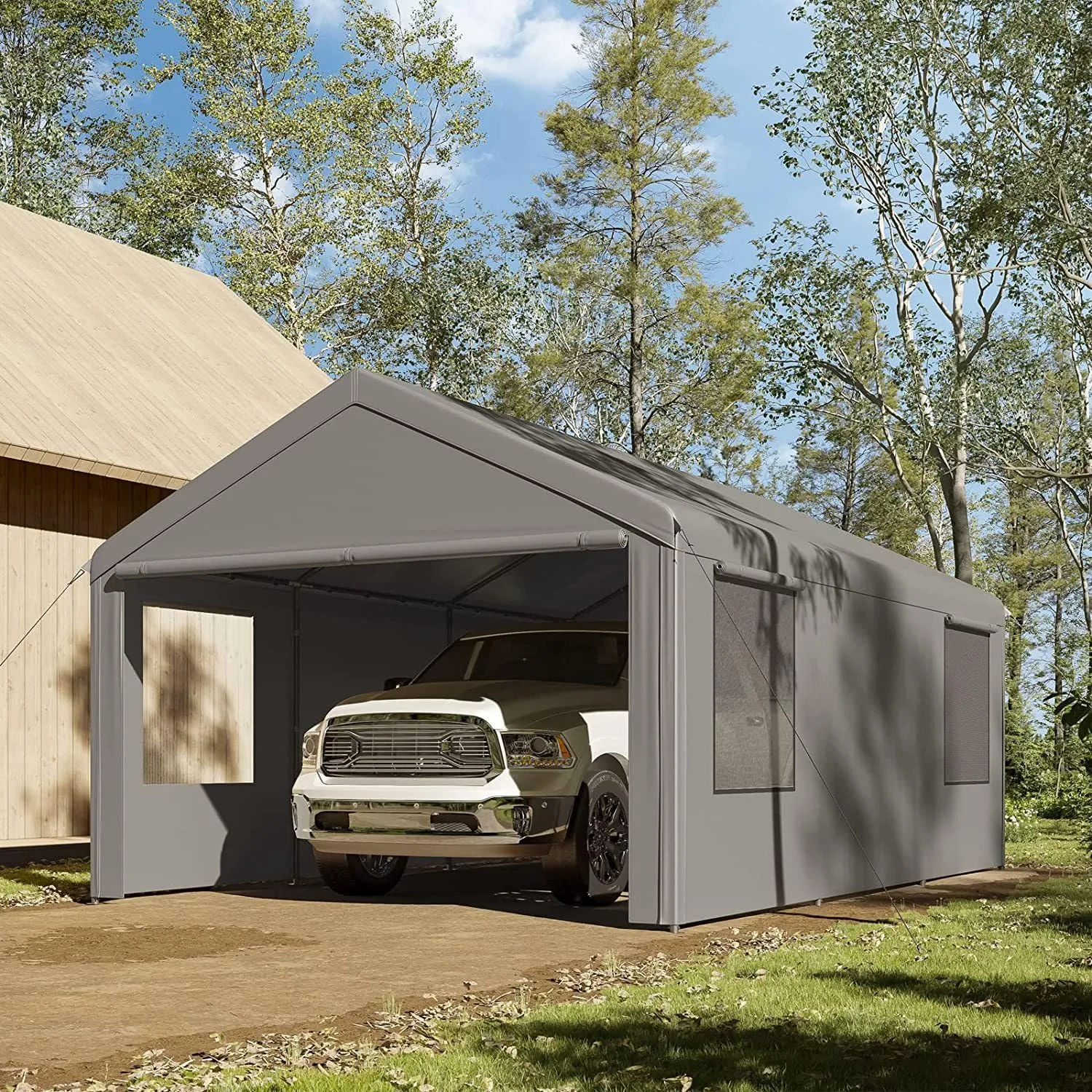 GarveeLife Carport 10x20ft Heavy Duty Carport with Roll-up Windows, Car Canopy Portable Garage with Removable Sidewalls & Doors, Car Canopy with All-Season Tarp for Car Boat Truck Motorcycle, Grey