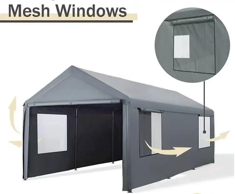 GarveeLife Carport 10x20ft Heavy Duty Carport with Roll-up Windows, Car Canopy Portable Garage with Removable Sidewalls & Doors, Car Canopy with All-Season Tarp for Car Boat Truck Motorcycle, Grey