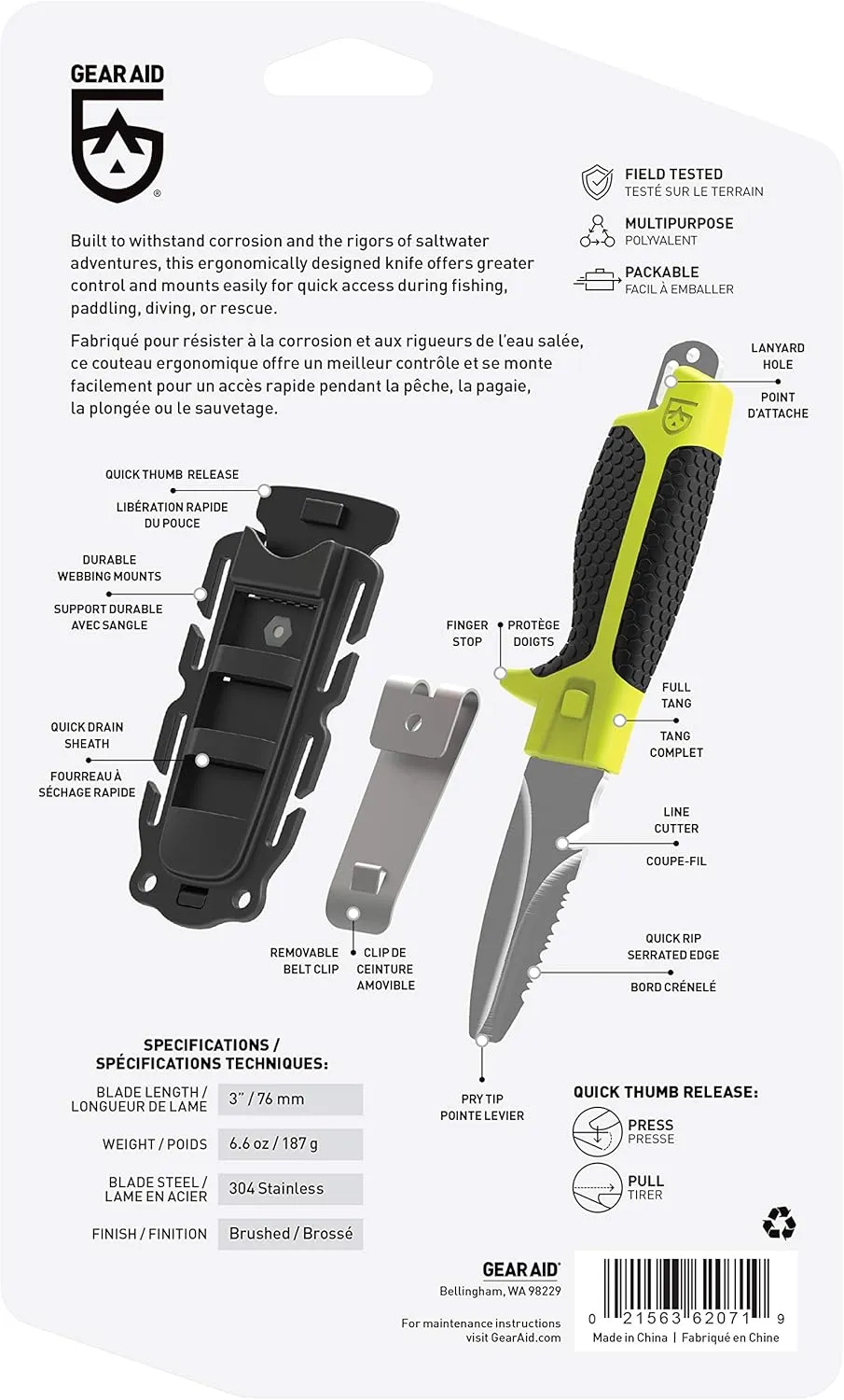 GEAR AID Tanu Dive and Rescue Knife with Sheath, 3” Blunt Tip Blade