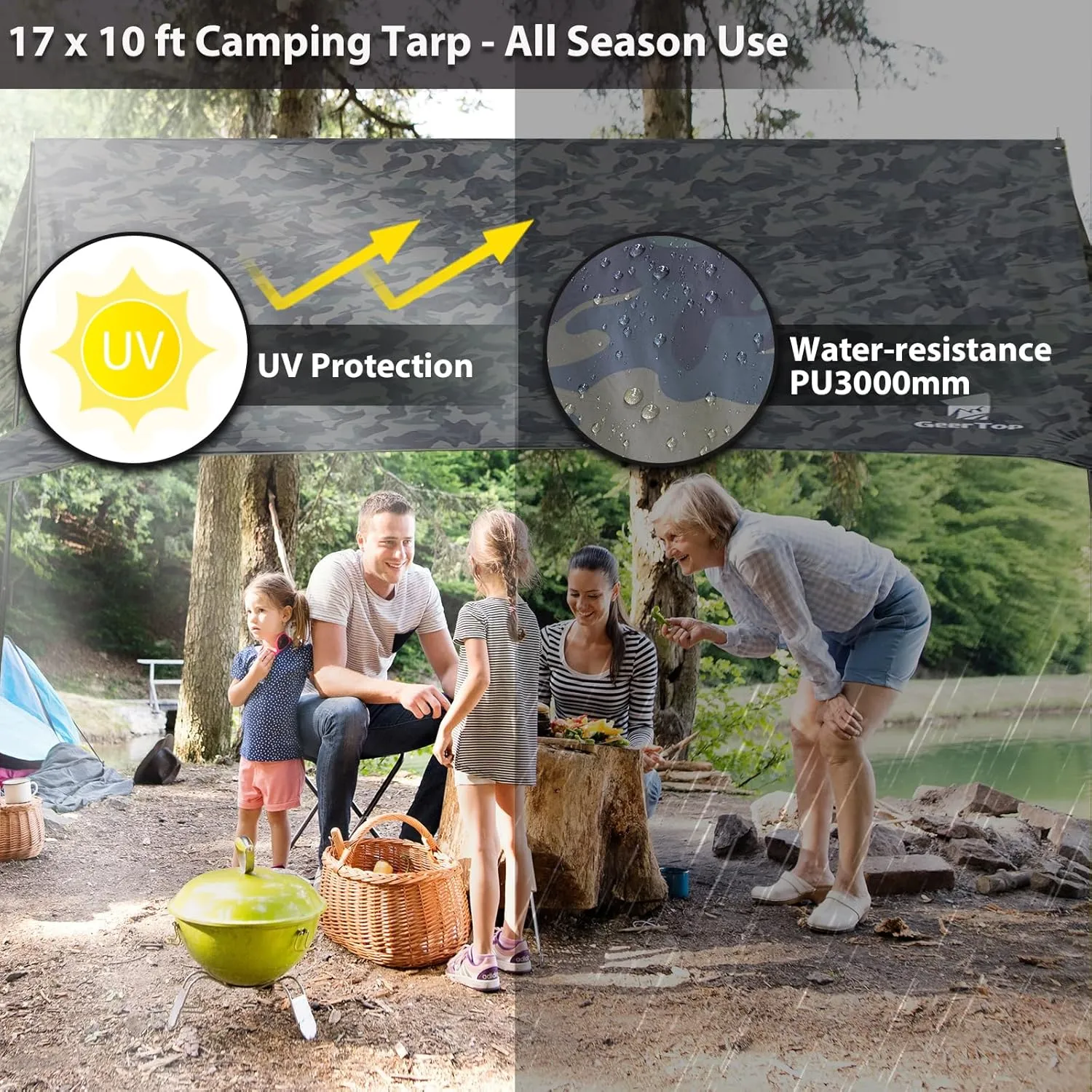 GEERTOP Large Hammokc Rain Fly Shelter 17 x 10ft Waterproof Camping Tarp Awning for Outdoor Backpacking Hiking Survival Travel Camo