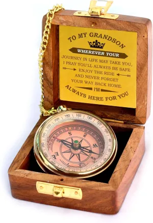 Gift for Grandson Brass Compass Engraved Quote | Memory Present to My Grandson Birthday, Baptism, Graduation, Confirmation, Love, Gift idea by Grandpa Grandma, 2025 Gift