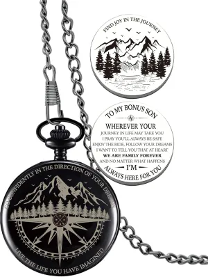 Gifts for Stepson, Go Confidently Pocket Compass Engraved Black, Bonus Son Pocket Token, Inspirational Keepsake Gift Ideas for Stepson Adopted Bonus Son Birthday Graduation Christmas Going Away