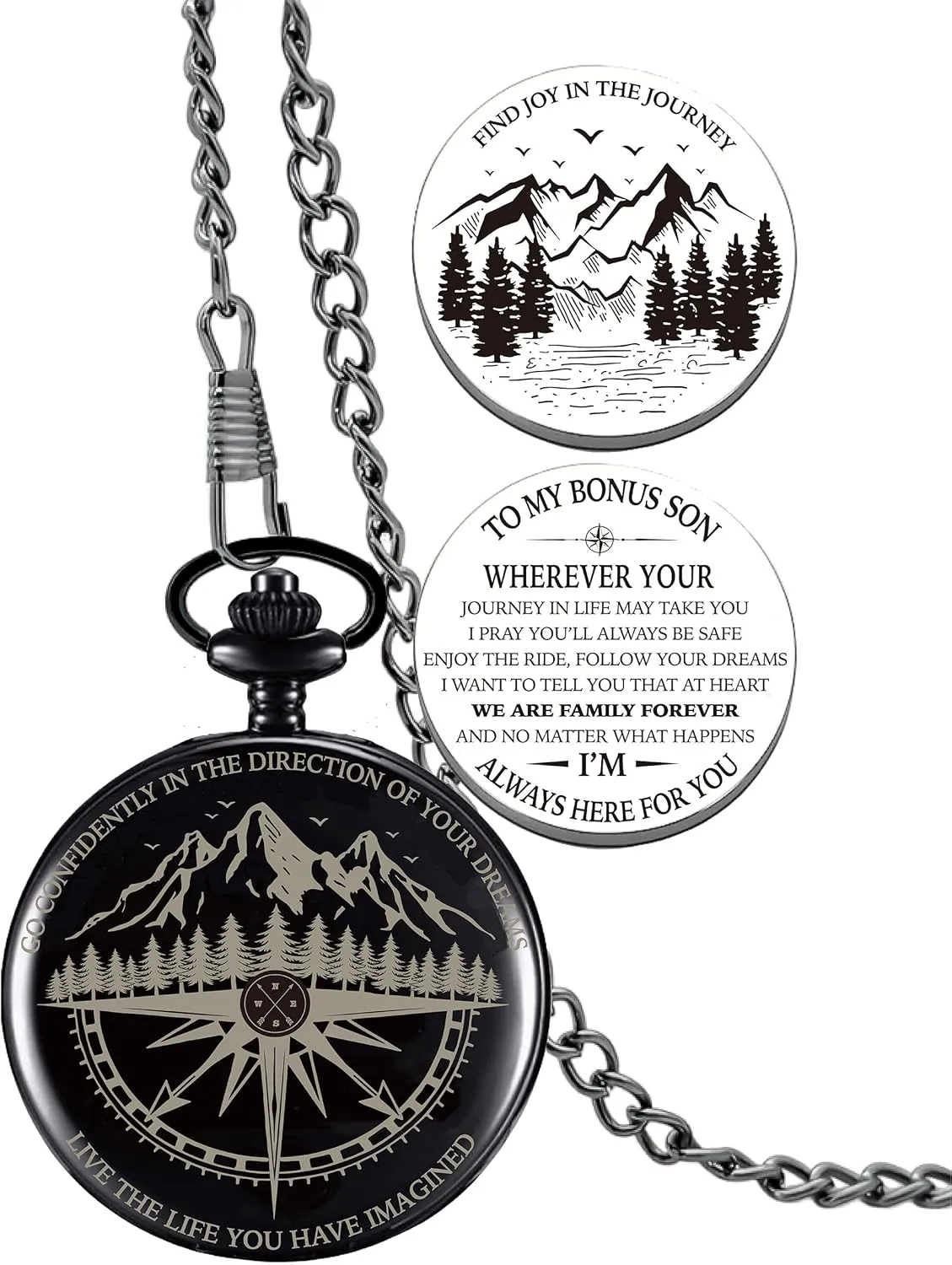 Gifts for Stepson, Go Confidently Pocket Compass Engraved Black, Bonus Son Pocket Token, Inspirational Keepsake Gift Ideas for Stepson Adopted Bonus Son Birthday Graduation Christmas Going Away
