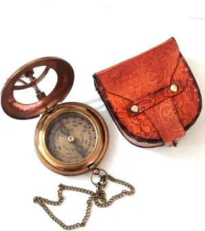 Go... Engraved Antique Brass Sundial Compass with Leather Case Vintage Marine Astrolabe Working Compass Handmade Gift for Christmas Day & New Year