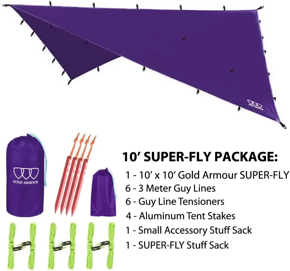 Gold Armour Rainfly Tarp Hammock, Premium 14.7ft/12ft/10ft/8ft Rain Fly Cover, Waterproof Ultralight Camping Shelter Canopy, Survival Equipment Gear Camping Tent Accessories (Purple 10ft x 10ft)