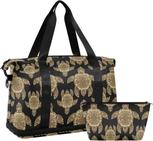 Gold Sea Turtle in Indigenous Tribal Polynesian Maori Tattoo on Dark Foldable Travel Bag, Camping Luggage bag, Portable Gym Bag, Sports Bag, Toiletry Bag with Handles Adjustable Shoulder Strap