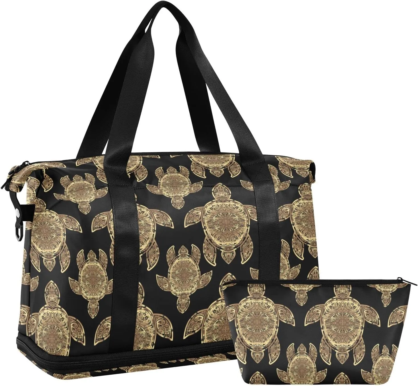 Gold Sea Turtle in Indigenous Tribal Polynesian Maori Tattoo on Dark Foldable Travel Bag, Camping Luggage bag, Portable Gym Bag, Sports Bag, Toiletry Bag with Handles Adjustable Shoulder Strap