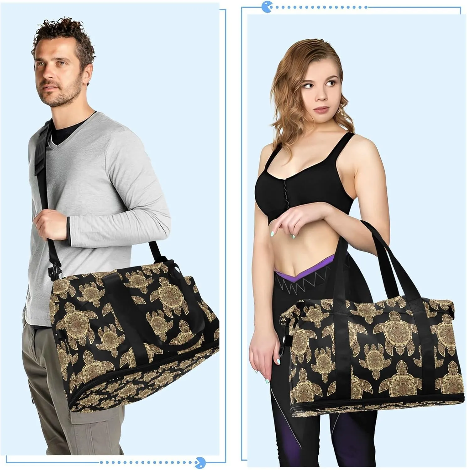 Gold Sea Turtle in Indigenous Tribal Polynesian Maori Tattoo on Dark Foldable Travel Bag, Camping Luggage bag, Portable Gym Bag, Sports Bag, Toiletry Bag with Handles Adjustable Shoulder Strap