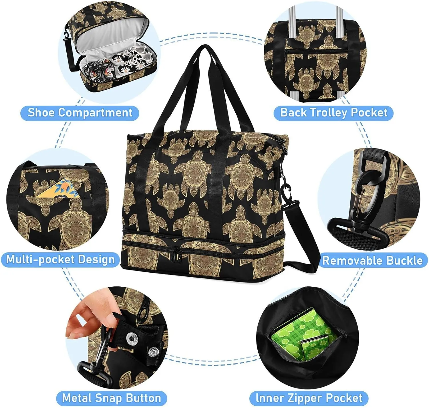Gold Sea Turtle in Indigenous Tribal Polynesian Maori Tattoo on Dark Foldable Travel Bag, Camping Luggage bag, Portable Gym Bag, Sports Bag, Toiletry Bag with Handles Adjustable Shoulder Strap