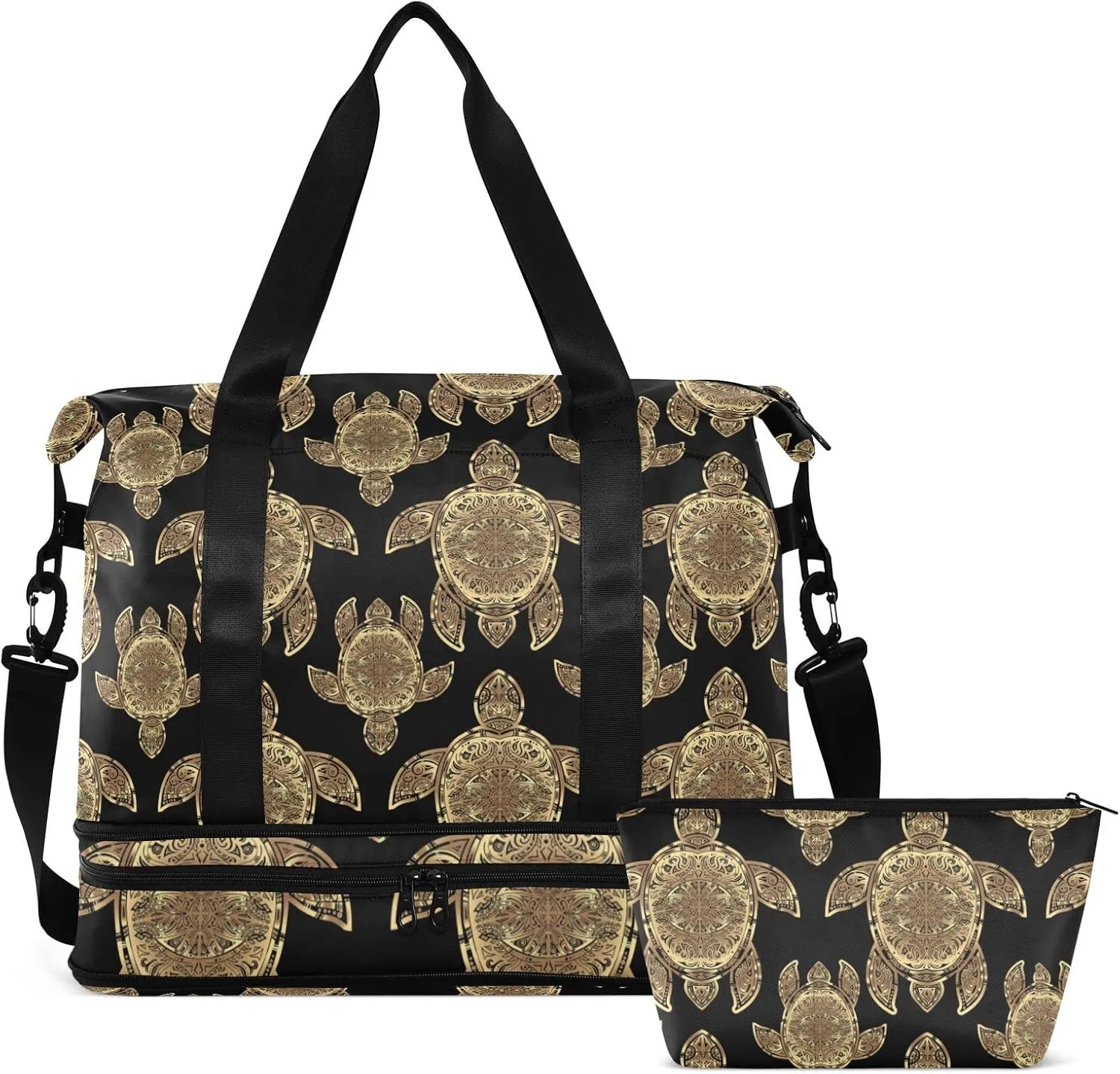 Gold Sea Turtle in Indigenous Tribal Polynesian Maori Tattoo on Dark Foldable Travel Bag, Camping Luggage bag, Portable Gym Bag, Sports Bag, Toiletry Bag with Handles Adjustable Shoulder Strap