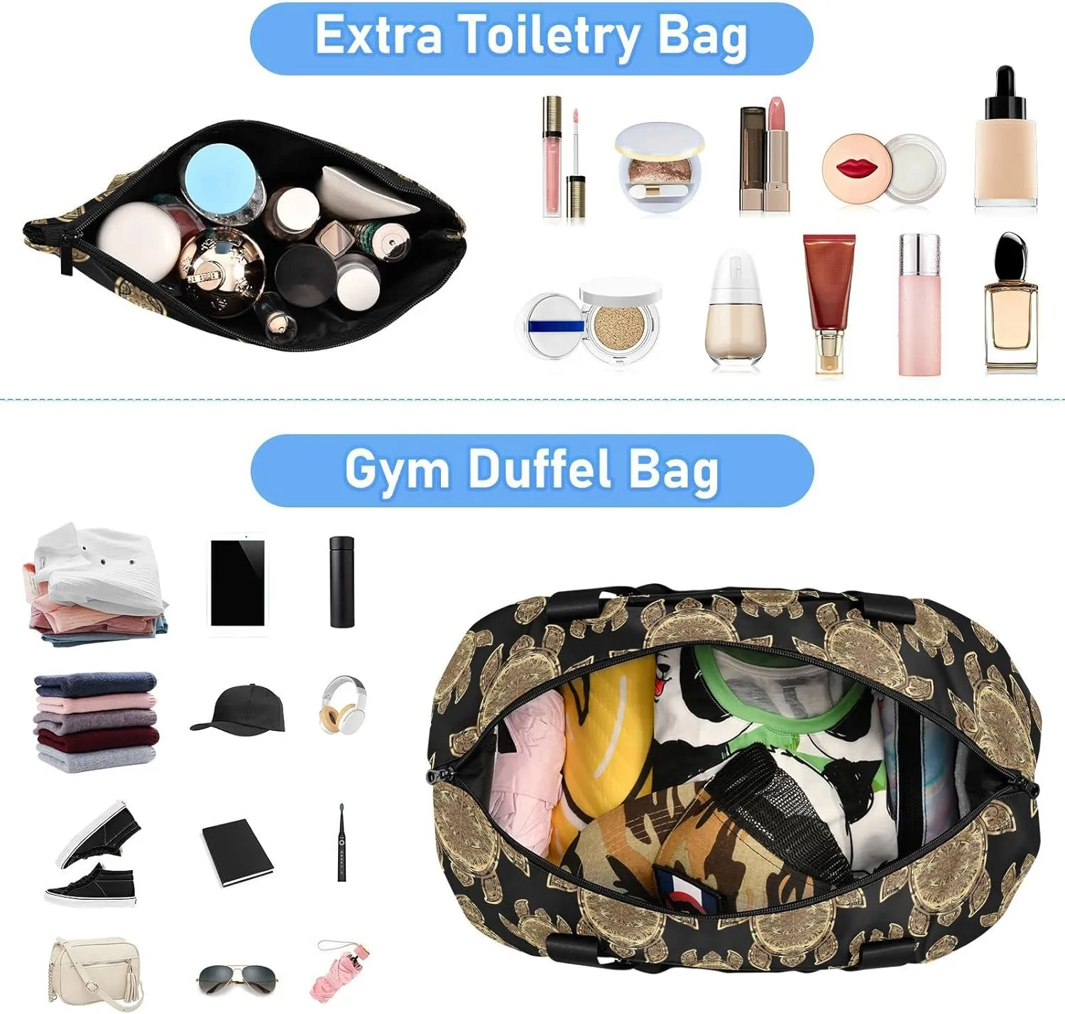 Gold Sea Turtle in Indigenous Tribal Polynesian Maori Tattoo on Dark Foldable Travel Bag, Camping Luggage bag, Portable Gym Bag, Sports Bag, Toiletry Bag with Handles Adjustable Shoulder Strap
