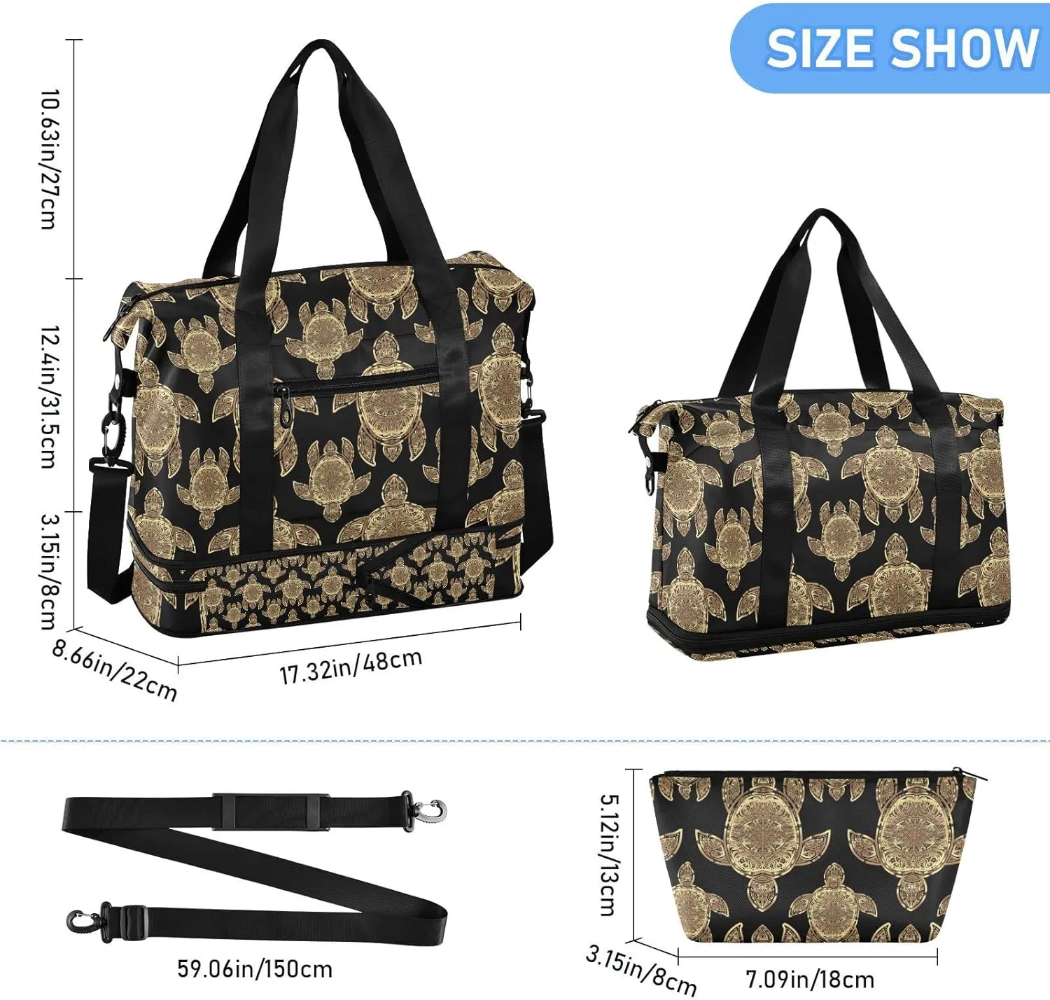 Gold Sea Turtle in Indigenous Tribal Polynesian Maori Tattoo on Dark Foldable Travel Bag, Camping Luggage bag, Portable Gym Bag, Sports Bag, Toiletry Bag with Handles Adjustable Shoulder Strap