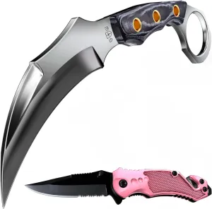 GOOD WORKER Tactical Knife With Sheath - Micarta Handle - Fixed Mirror Polished 440C Steel Blade - 2.95" Serrated Pink Pocket Knife for Women - Self Defense