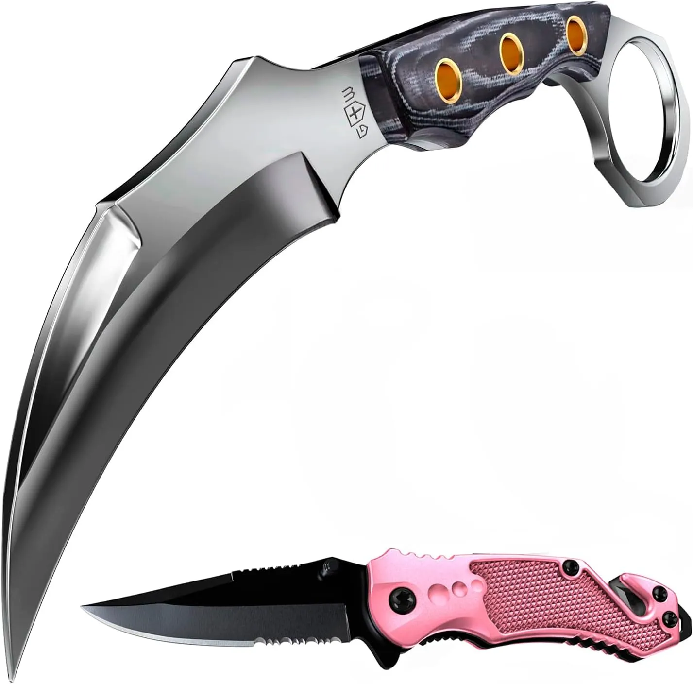 GOOD WORKER Tactical Knife With Sheath - Micarta Handle - Fixed Mirror Polished 440C Steel Blade - 2.95" Serrated Pink Pocket Knife for Women - Self Defense