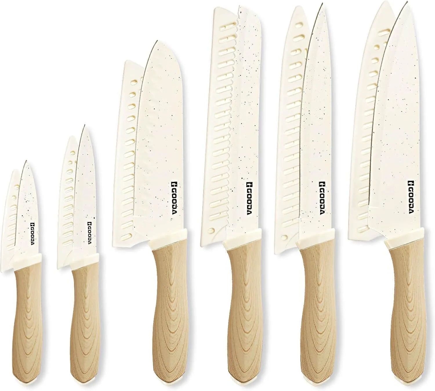 GOODA 12PCS Knife Set with Covers,Nonstick Ceramic Coating Kitchen Knives Set,Stainless Steel Blade with Guards, Essential Knife Set for Kitchen,White