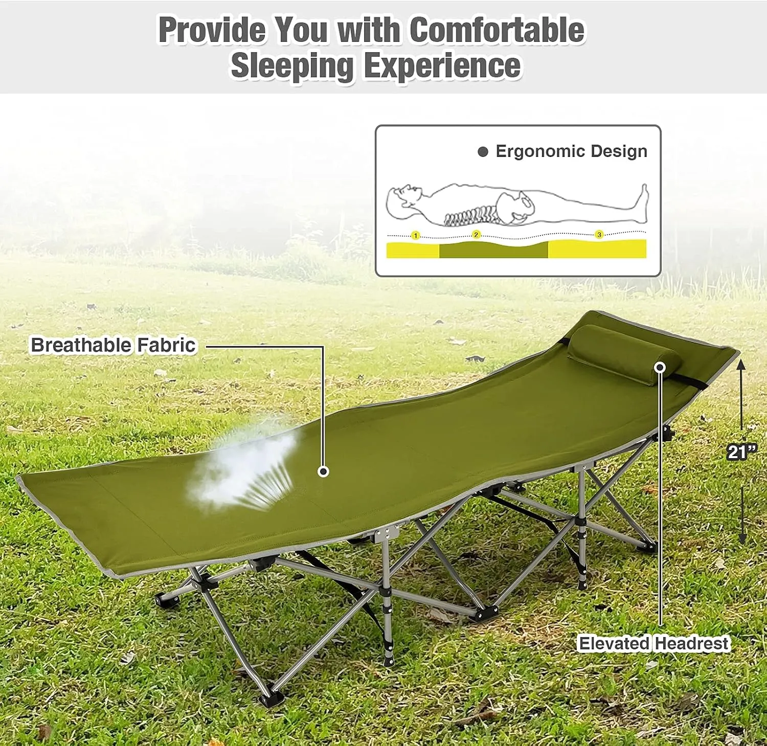 Goplus Camping Cot, Folding Camping Bed for Adults w/Carrying Bag, 500 LBS Max Load, Side Pocket, Detachable Pillow, Lightweight Portable Sleeping Cot for Home Office Hiking Picnic