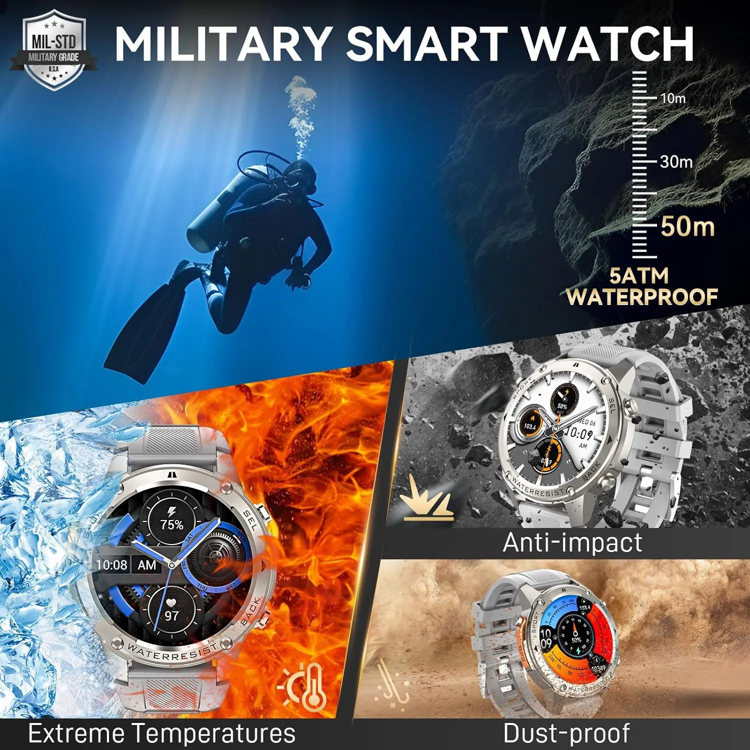 GPS Military Smart Watch for Men 5ATM Waterproof with 1.43'' Rugged Tactical Smartwatch with Call Compass Altitude Air Pressure AMOLED Always On Display Watch with HR SPO2 Monitor for iPhone Android